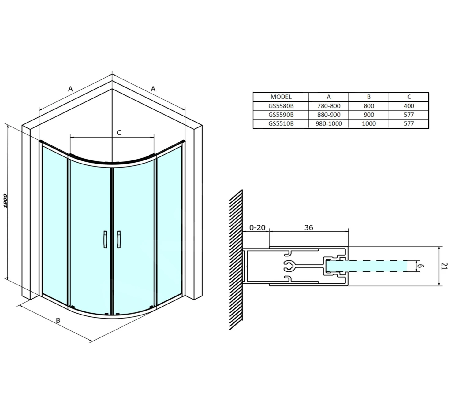 Gelco Sigma - Douchehoek 80x80 Cm, R550, Mat Zwart/helder Glas GS5580B - Afbeelding 2