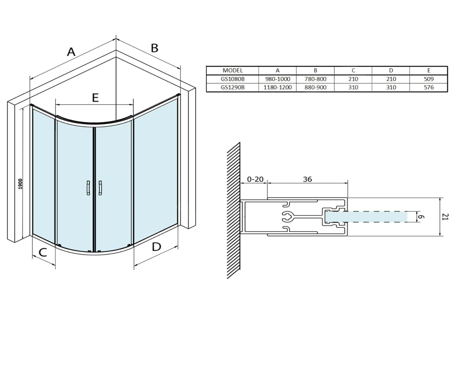 Gelco Sigma - Douchehoek 100x80 Cm, R550, Mat Zwart/helder Glas GS1080B - Afbeelding 2