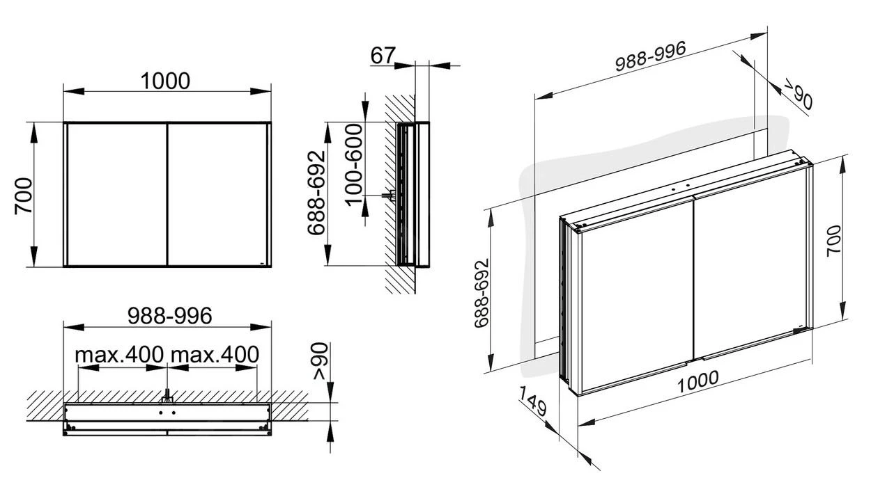 Keuco Royal Match - Spiegelkast Met LED-verlichting, Inbouw, 1000x700x149 Mm, Zilver Geanodiseerd 12813171311 - Afbeelding 2