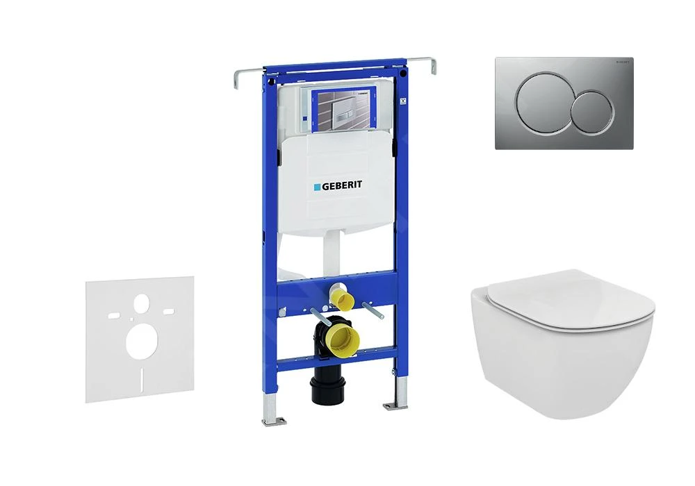 Geberit Duofix - Inbouwreservoir Voor Hangend Toilet Met SIGMA01 Bedieningsknop, Mat Chroom + Ideal Standard Tesi - Hangend Toilet En Wc-bril, Aquablade, SoftClose 111.355.00.5 NU3