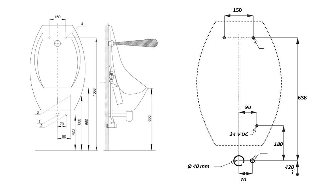 Sanela Elektronische Urinoirs - Domino Urinoir Met Infrarood Spoelsysteem, Elektronica ALS, Voeding 230V AC/24V DC, Wit SLP 17 - Afbeelding 2
