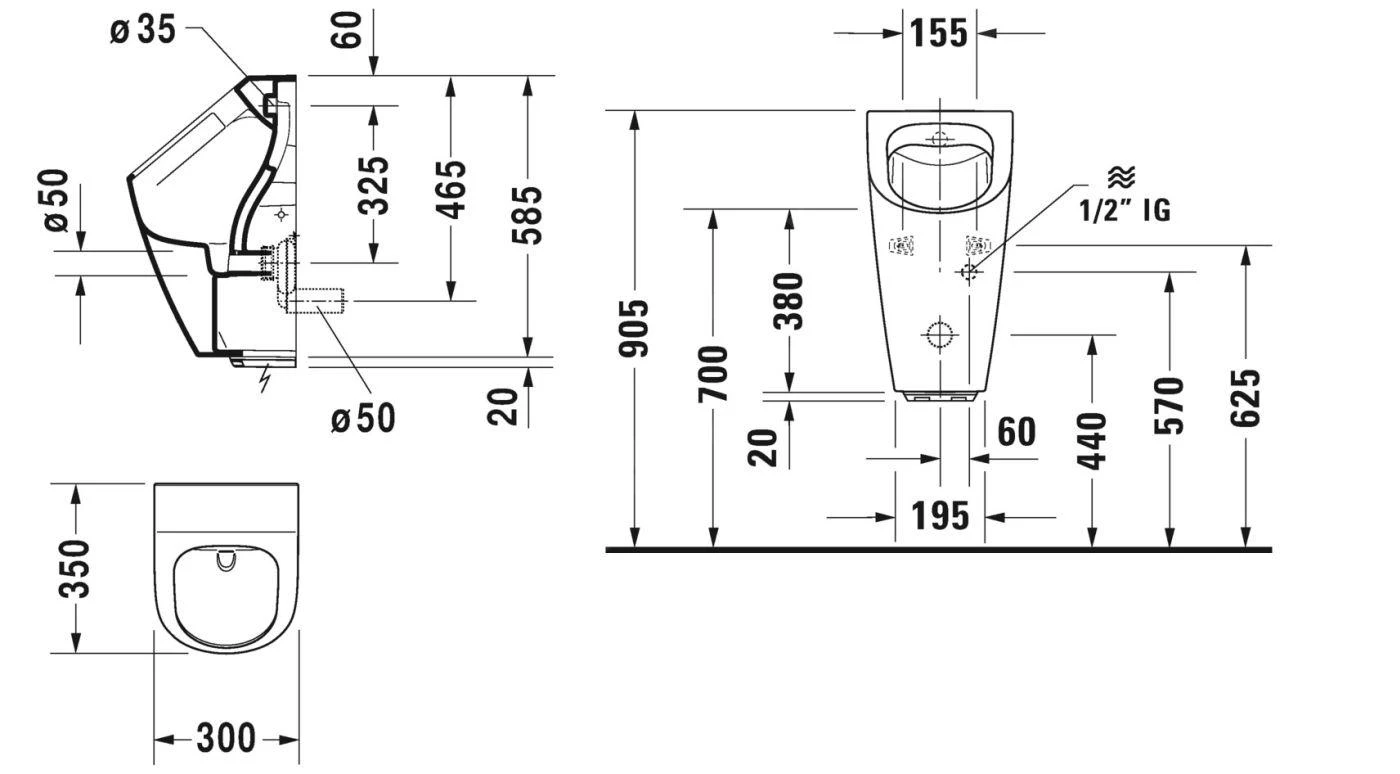 Duravit ME By Starck - Electronische Urinoir, Afvoer Horizontaal, Rimless, Wit 2809310000 - Afbeelding 2