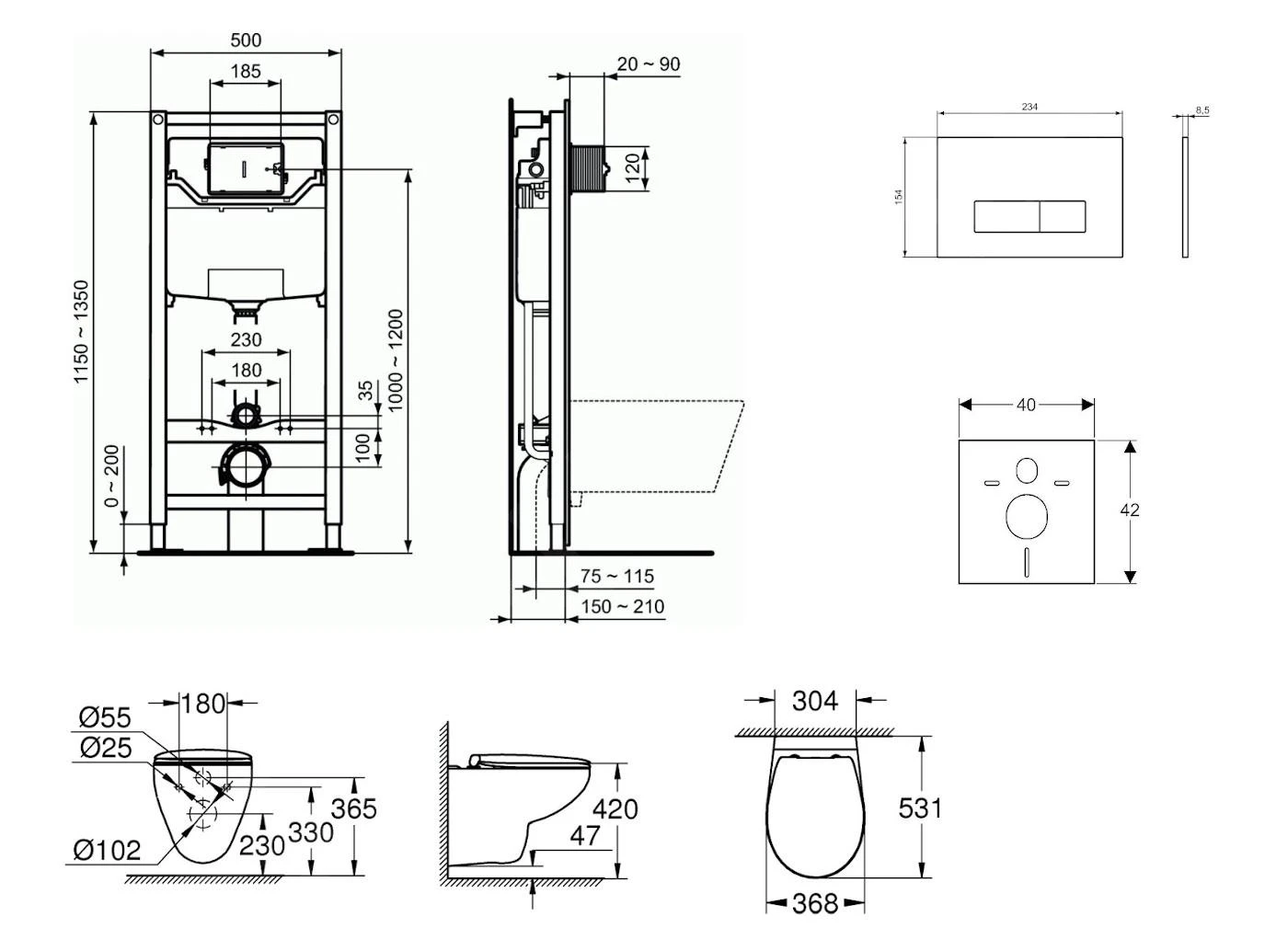 Ideal Standard ProSys - Toiletset- Inbouwreservoir, Closet, WC-zitting Bau Ceramic, Oleas M2 Bedieningsplaat, Rimless, SoftClose, Chroom ProSys120M SP63 - Afbeelding 2