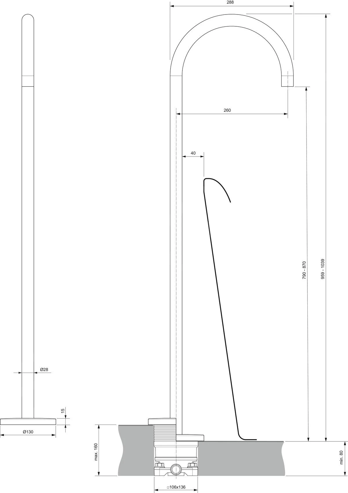 Ideal Standard Joy - Vrijstaande Baduitloop Met Inbouwdeel, Magnetic Grey A7387A5 - Afbeelding 2